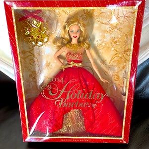 NWT holiday Barbie 2014!! Colors red and gold w ornament included! Brand new box